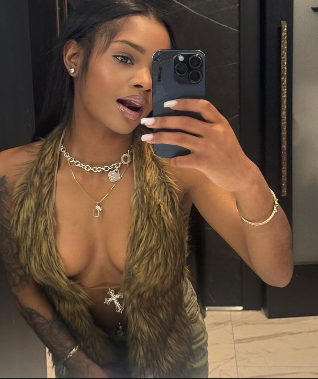 Y2K Fur Halter With Cross Pendant- New!