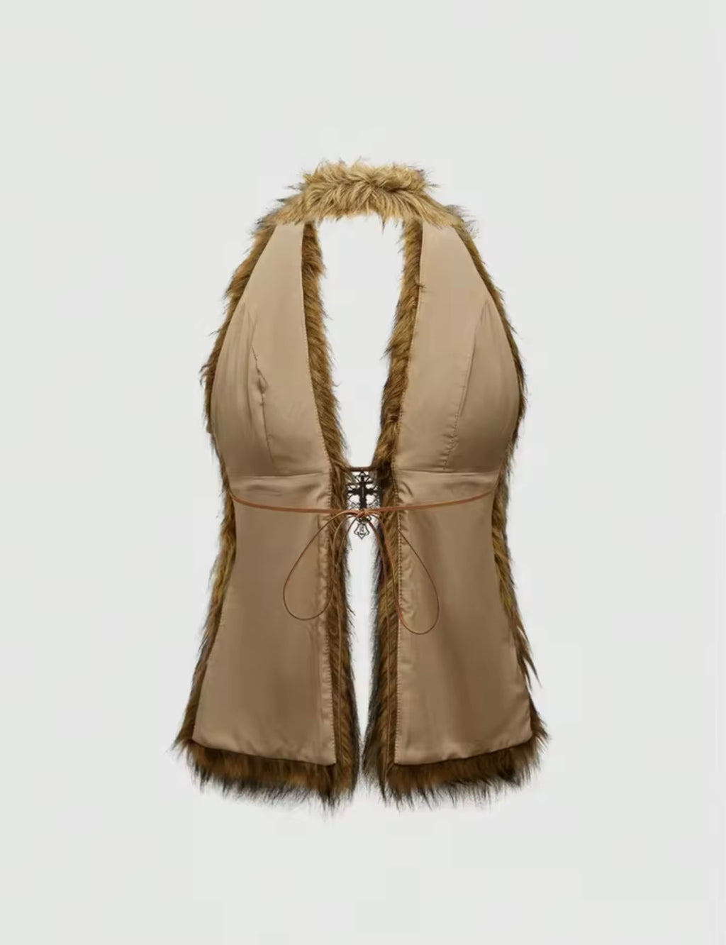 Y2K Fur Halter With Cross Pendant