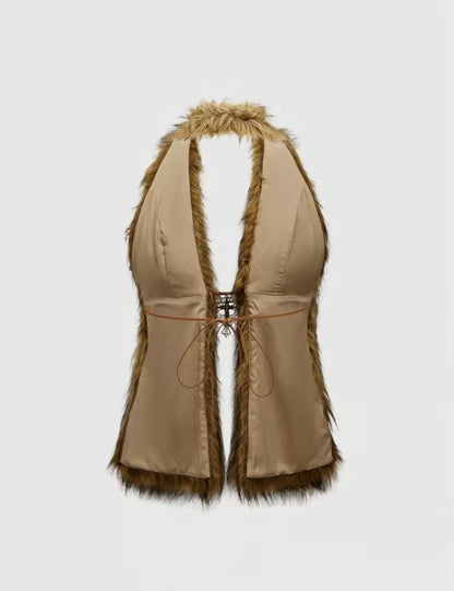 Y2K Fur Halter With Cross Pendant- New!