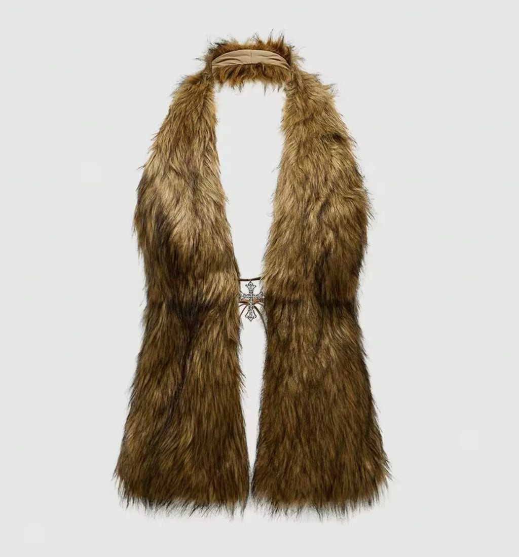 Y2K Fur Halter With Cross Pendant