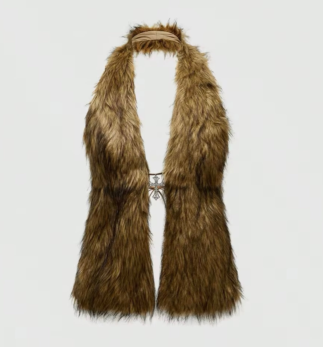 Y2K Fur Halter With Cross Pendant