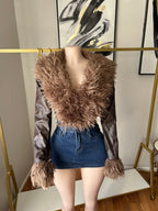Leather fur cropped jacket, New Arrival