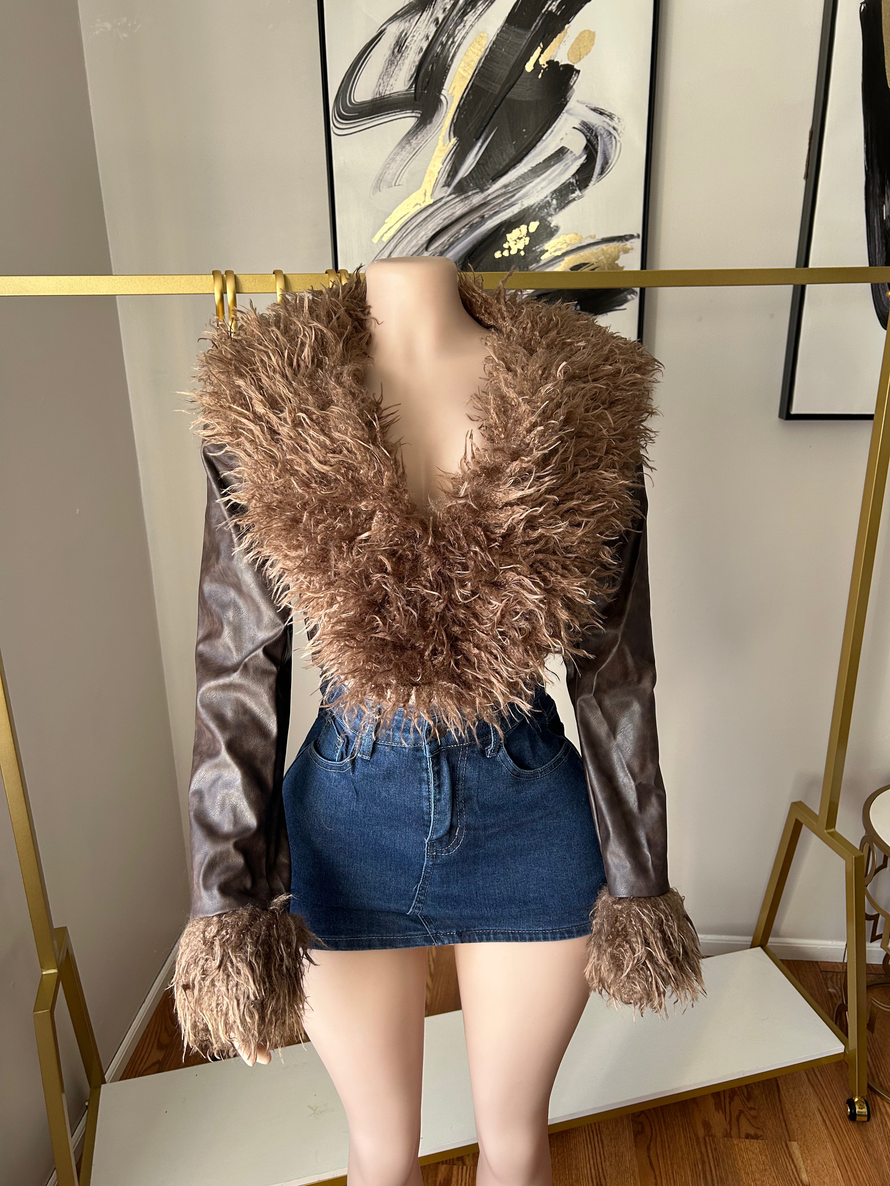 Leather fur cropped jacket, New Arrival