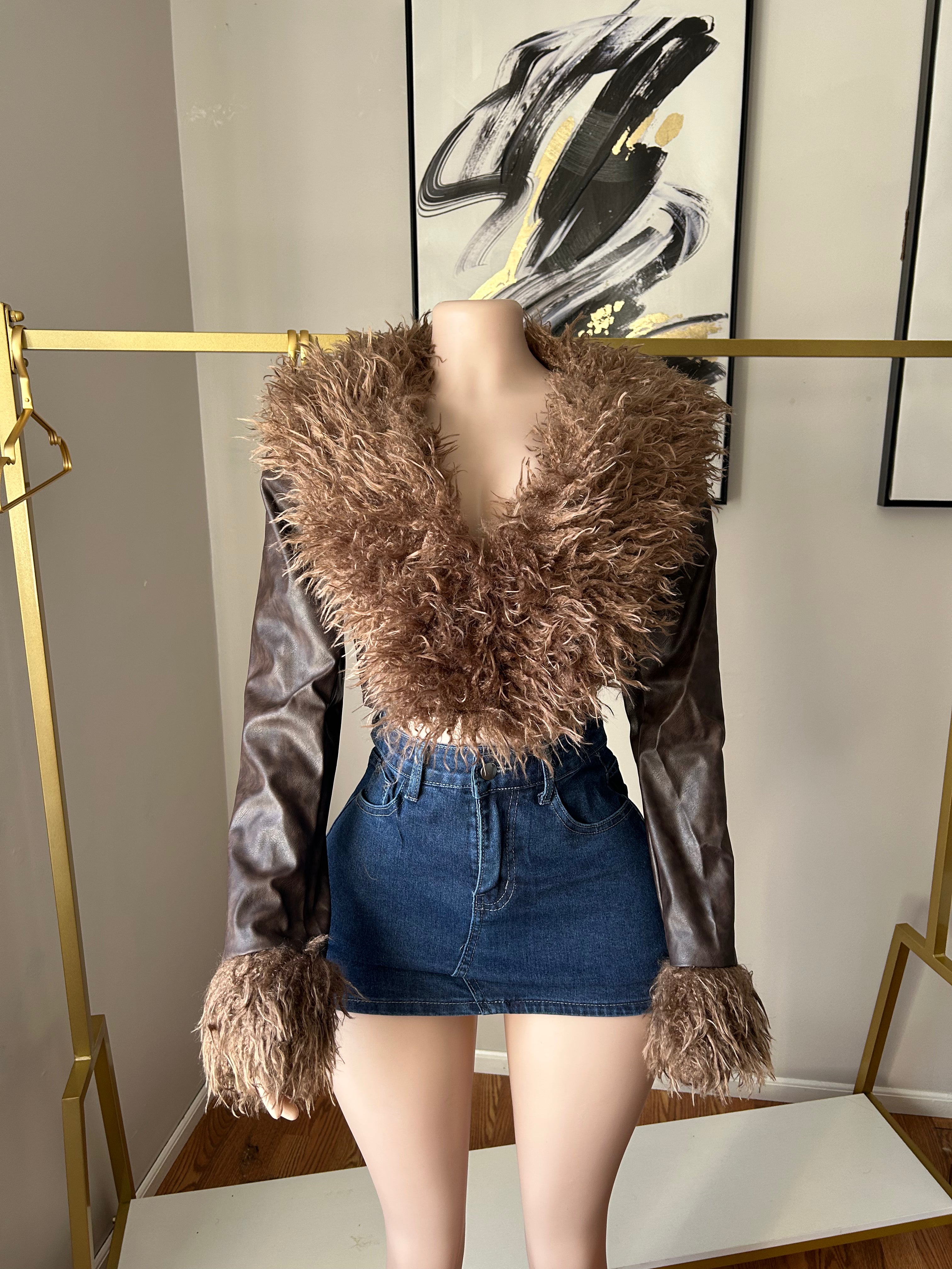 Leather fur cropped jacket, New Arrival