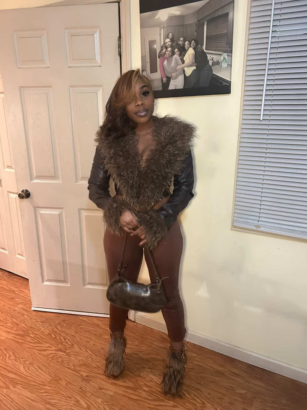 Leather fur cropped jacket